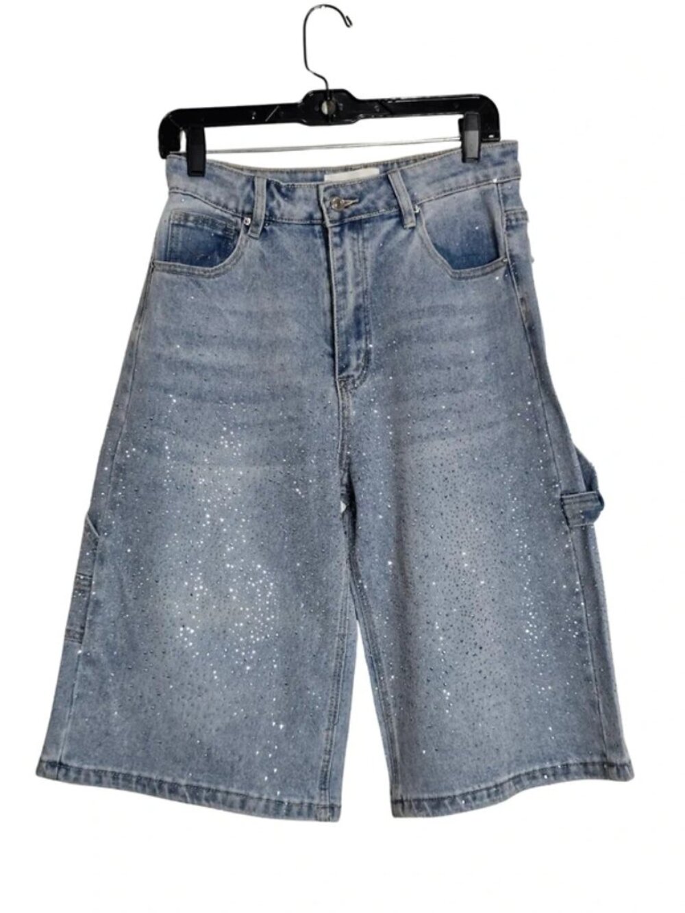 Monday Men Women's Denim Light Wash Rhinestone Bermuda Shorts Size Medium NEW